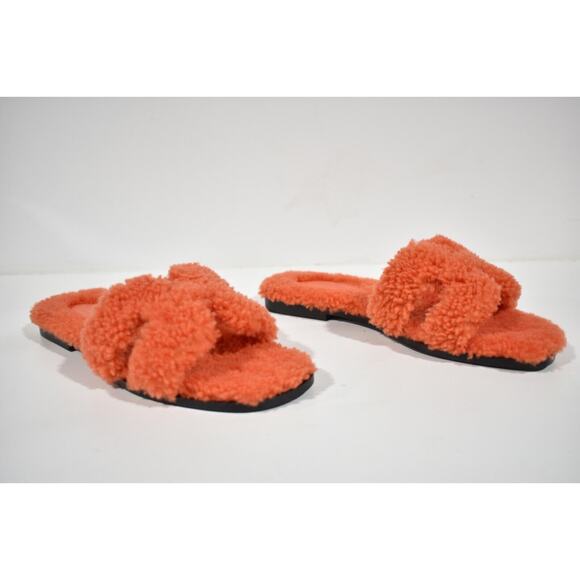 Hermes Oran Teddy Shearling Fur Orange H Logo Slide Sandal Mule Flat Flop 38.5 - Picture 4 of 12